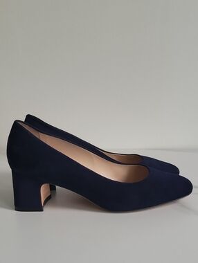 Stuart Weitzman Navy Suede Mid Block Heel Pumps